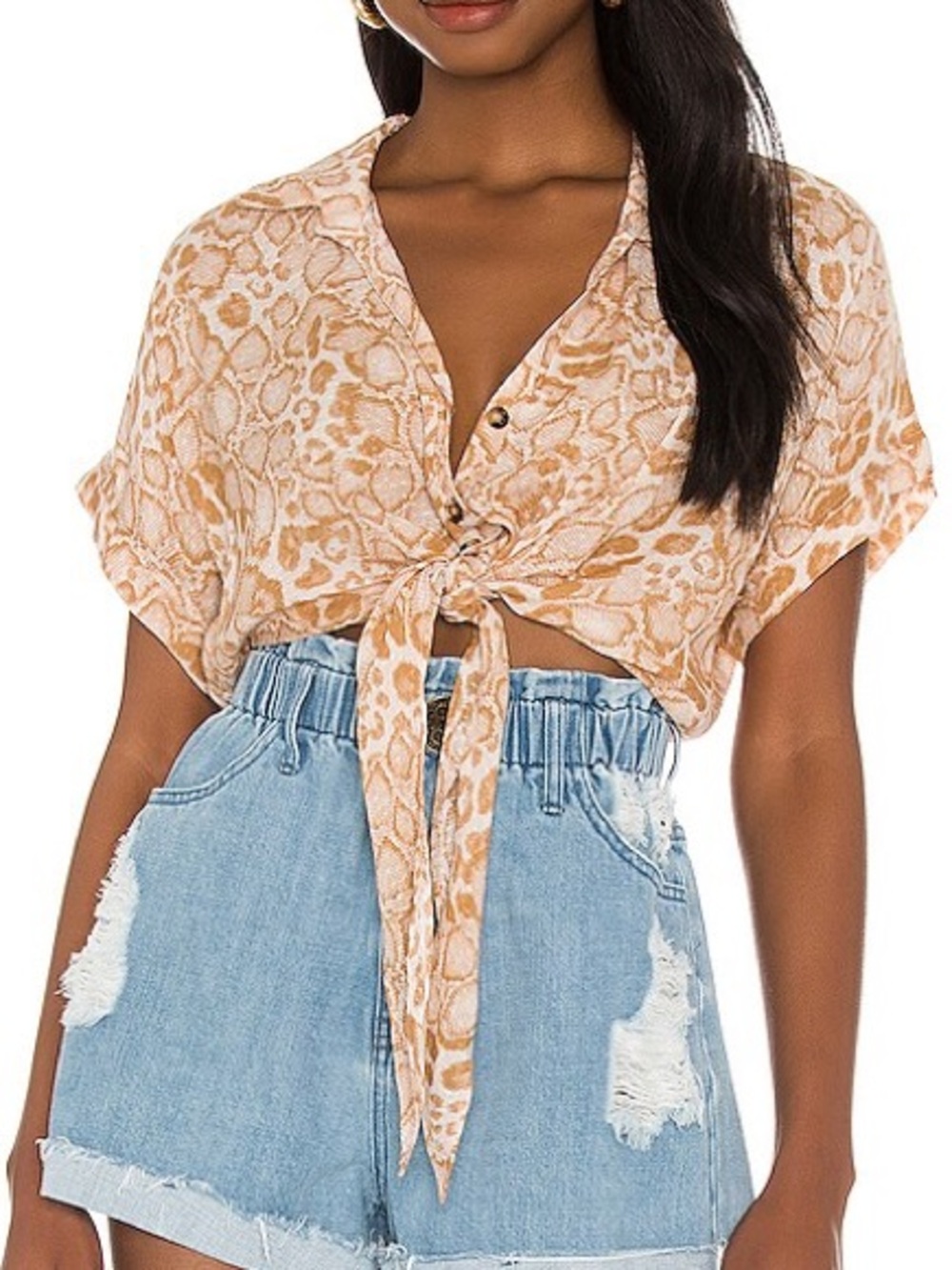 Show Me Your MuMu Beige Animal Print Tie-Front Button Down Top
